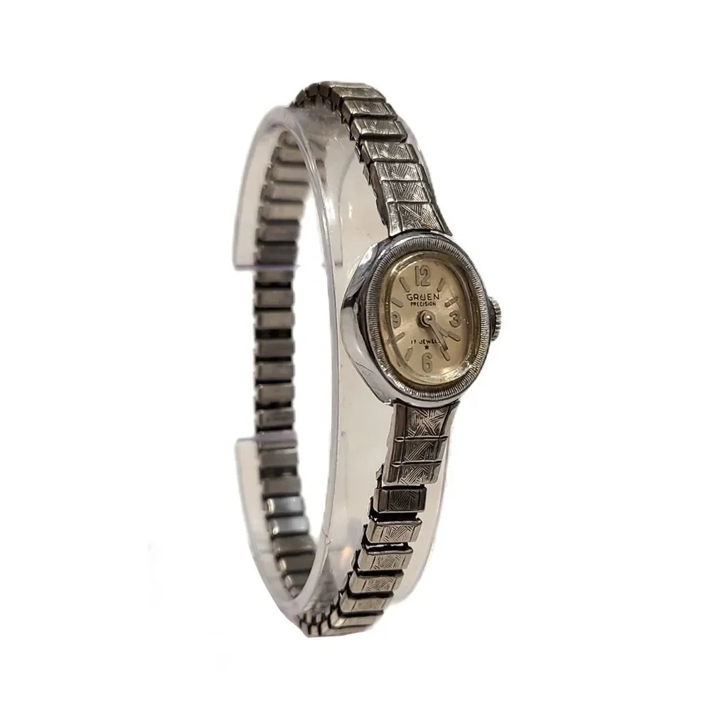 Gruen Vintage 1970s Precision 17 Jeweled Stainless Steel Dainty Bracelet Watch